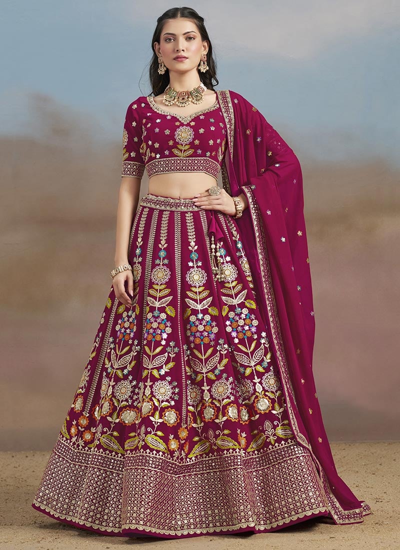 Pink Faux Georgette Zari Embroidered Sequins Lehenga Wedding Wear
