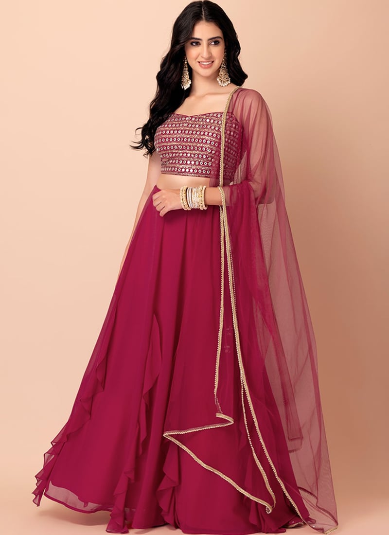 Pink Faux Georgette Zari Embroidered Sequins Regal Elegant Lehenga
