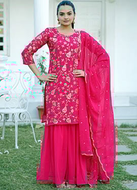 Pink Faux Georgette Zari Embroidered Sequins Sharara Suit
