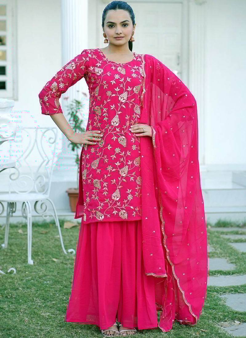 Pink Faux Georgette Zari Embroidered Sequins Sharara Suit Festive Wear