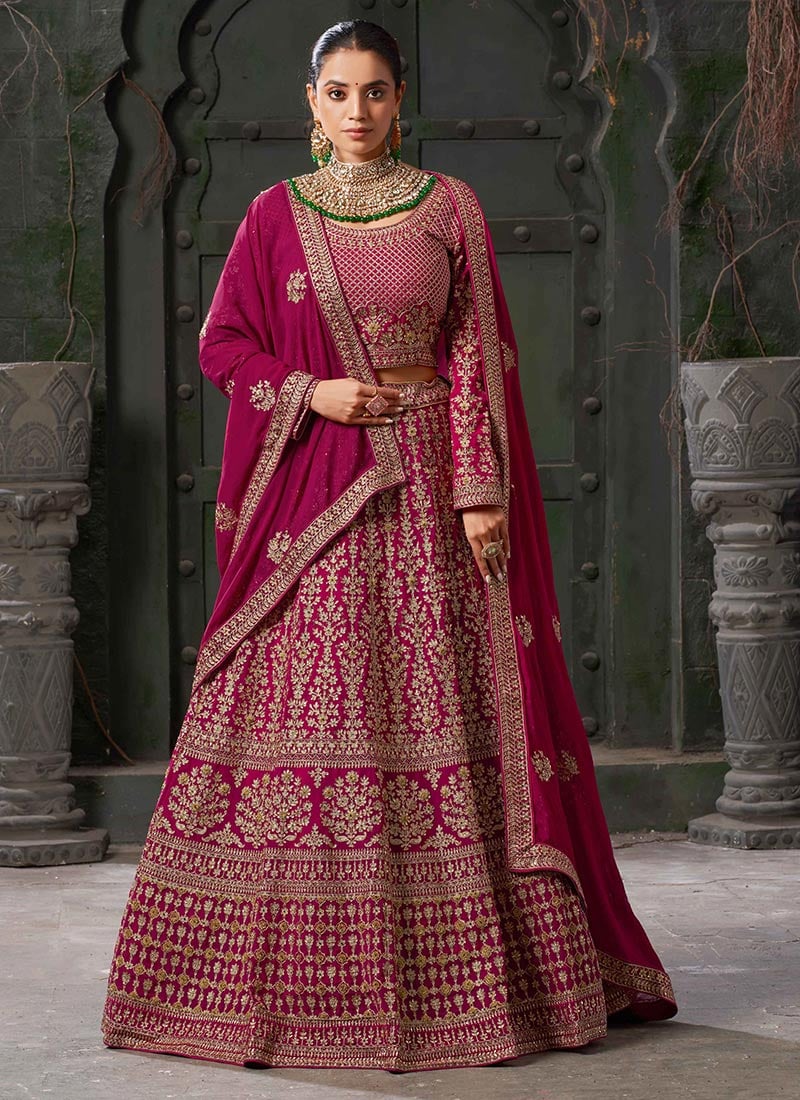 Pink Faux Georgette Zari Embroidered Stone Work Stunning Lehenga Wedding Wear