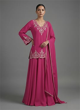 Pink Faux Georgette Zari Foil Embroidered A Line Lehenga