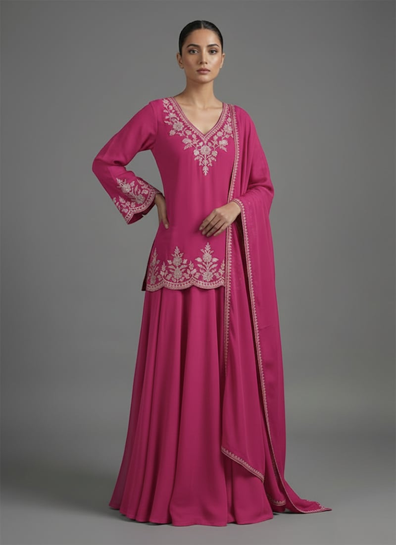 Pink Faux Georgette Zari Foil Embroidered A Line Lehenga Festive Wear