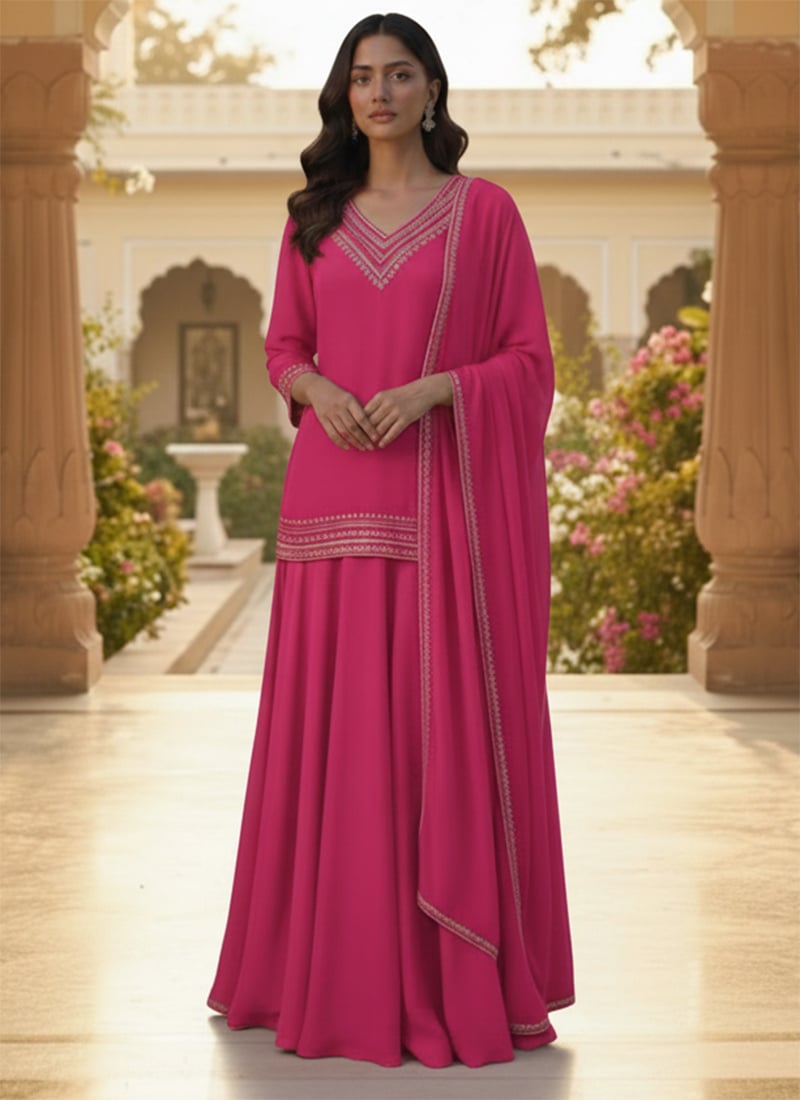 Pink Faux Georgette Zari Foil Embroidered A Line Lehenga Festive Wear