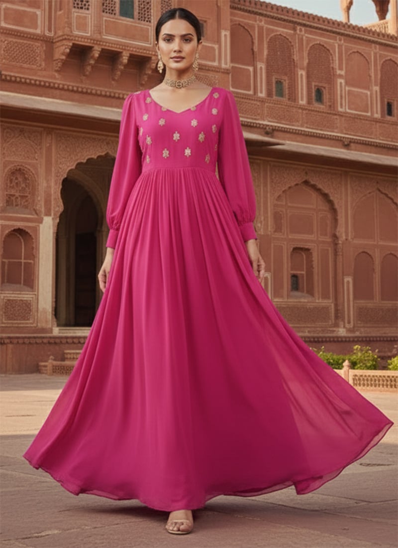 Pink Faux Georgette Zari Hand Embroidered Sequins Anarkali Gown Wedding Wear