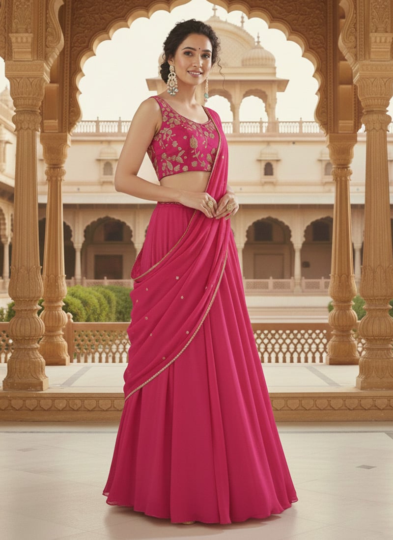 Pink Faux Georgette Zari Hand Embroidered Sequins Stone Work Lehenga Wedding Wear