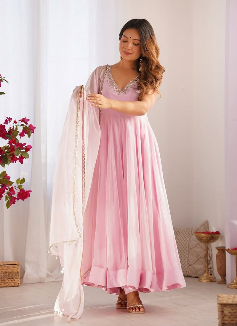 Pink Faux Georgette Zari Mirror Work Anarkali Suit Festive Wear