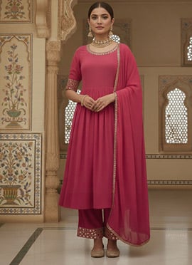 Pink Faux Georgette Zari Mirror Work Hand Embroidered Anarkali Suit