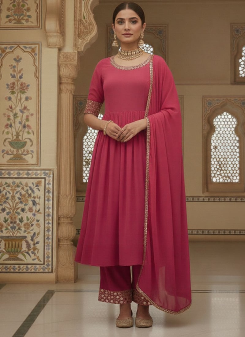 Pink Faux Georgette Zari Mirror Work Hand Embroidered Anarkali Suit Festive Wear