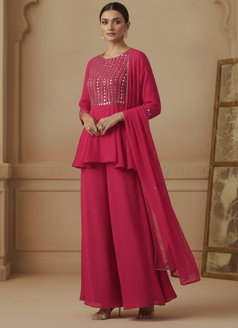 Pink Faux Georgette Zari Mirror Work Hand Embroidered Palazzo Suit Festive Wear