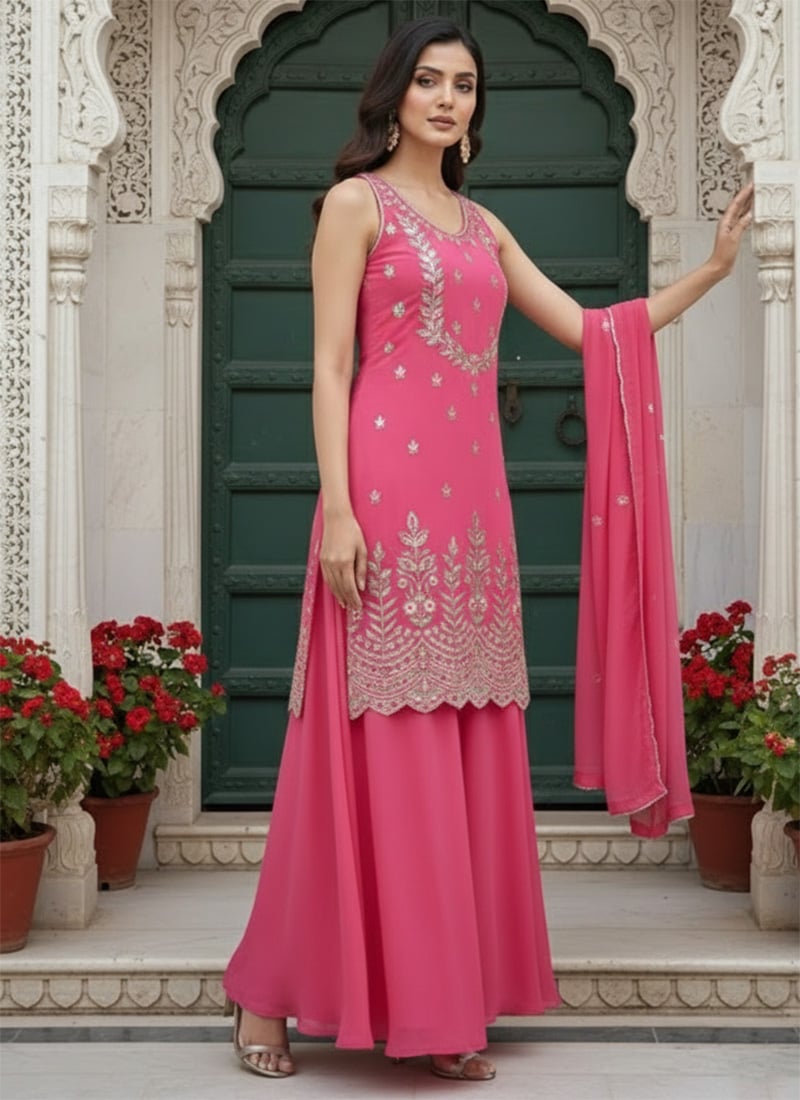 Pink Faux Georgette Zari Resham Stones Partywear Palazzo Ensemble Festive Wear