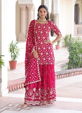 Pink Faux Georgette Zari Sequin Embroidered Palazzo Suit