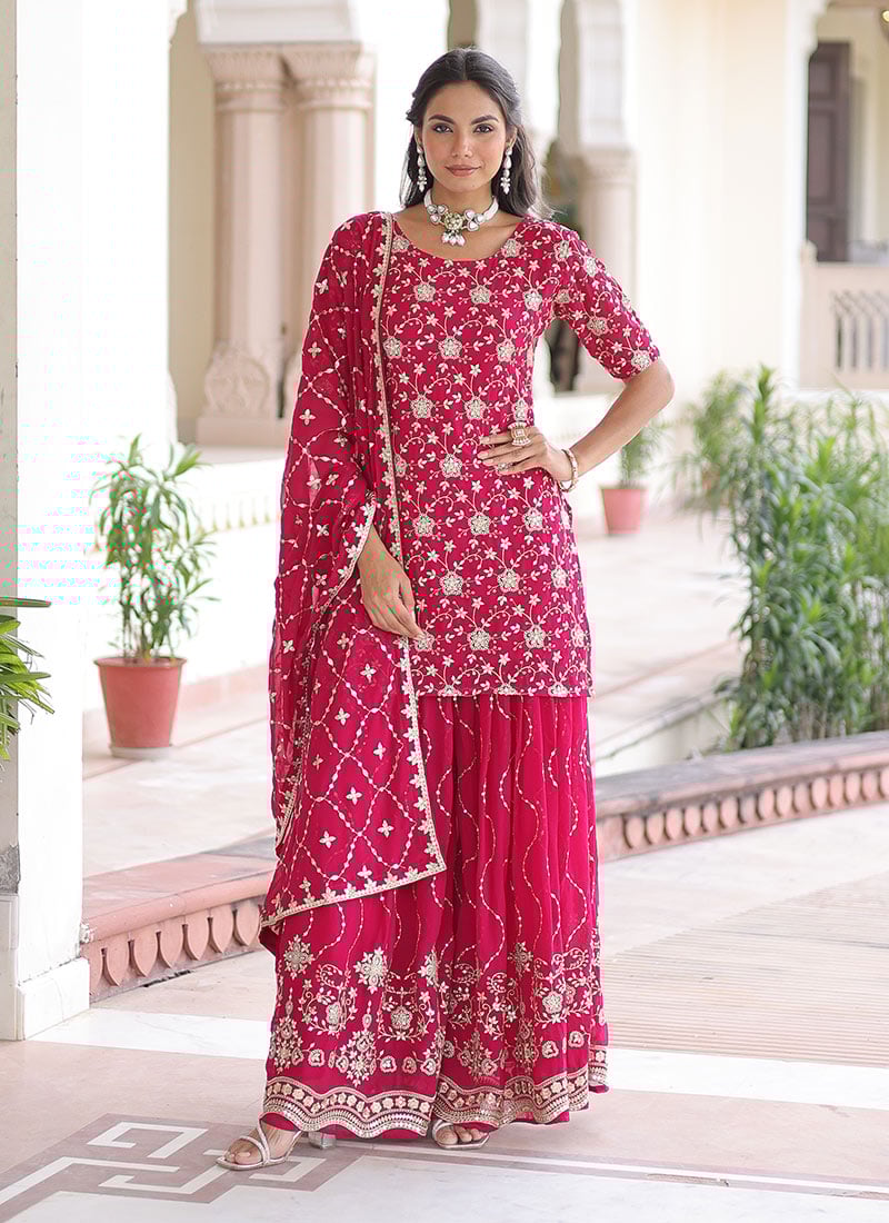 Pink Faux Georgette Zari Sequin Embroidered Palazzo Suit Festive Wear
