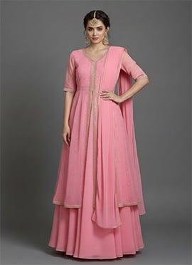 Pink Faux Georgette Zari Sequins Anarkali Style Lehenga Set