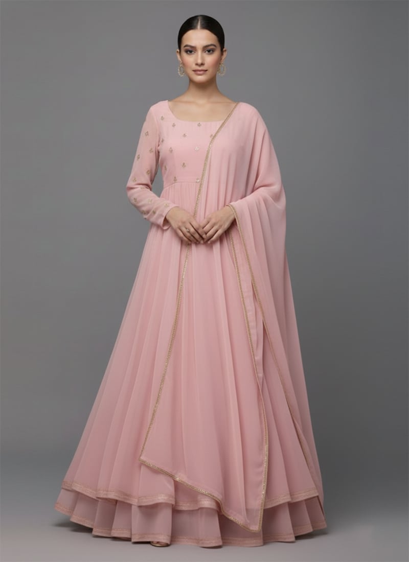 Pink Faux Georgette Zari Sequins Anarkali Style Lehenga Set Festive Wear