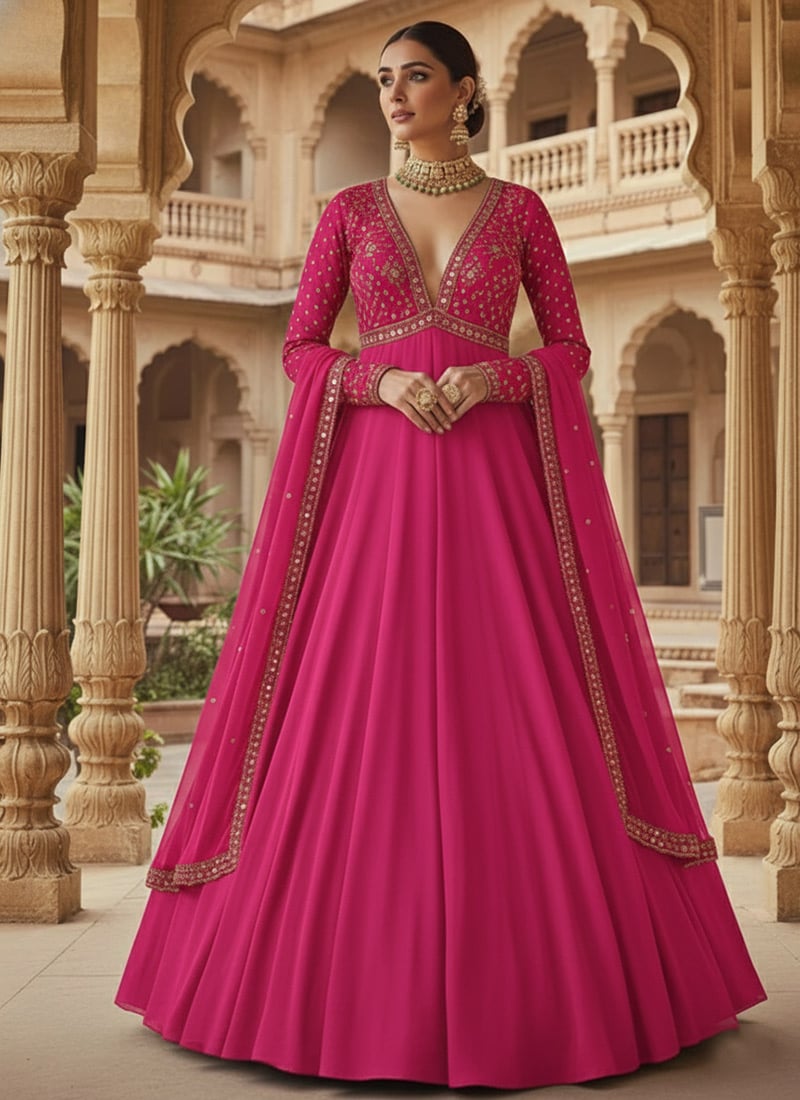 Pink Faux Georgette Zari Sequins Anarkali Suit  Festive Wear