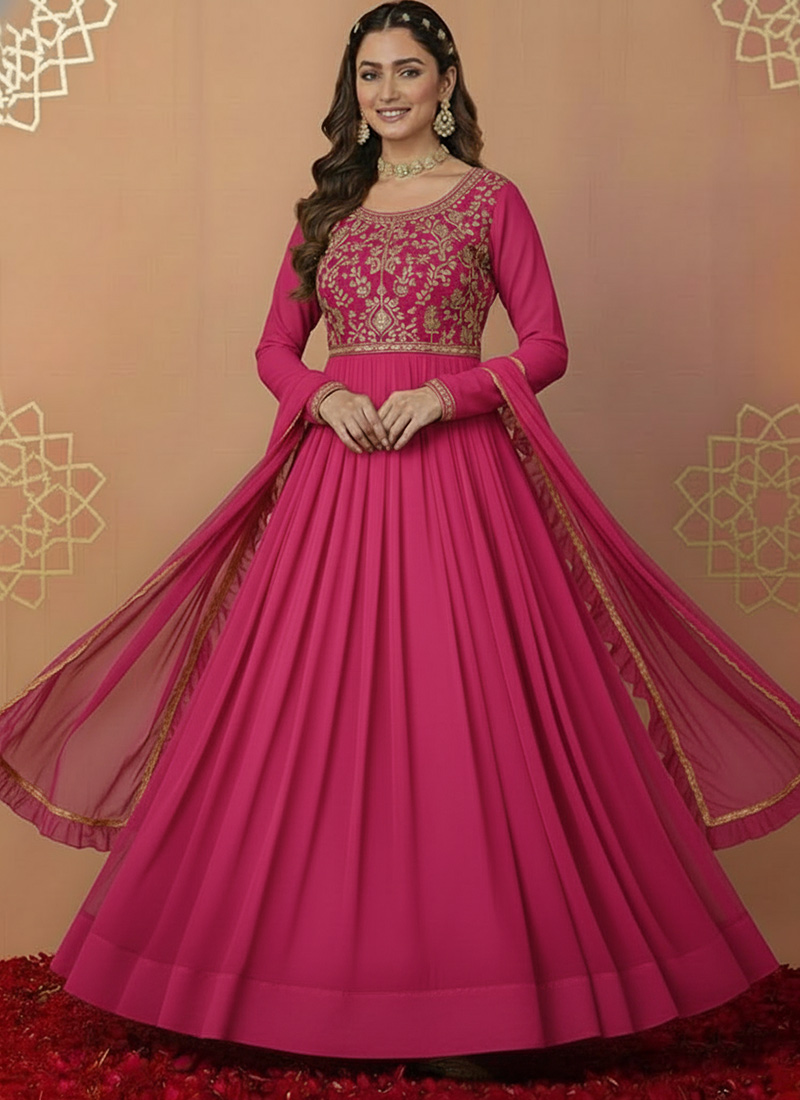 Pink Faux Georgette Zari Sequins Anarkali Suit Festive Wear