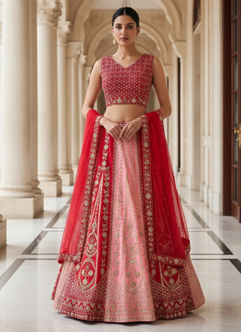 Pink Faux Georgette Zari Sequins Embroidered Lehenga Choli Wedding Wear