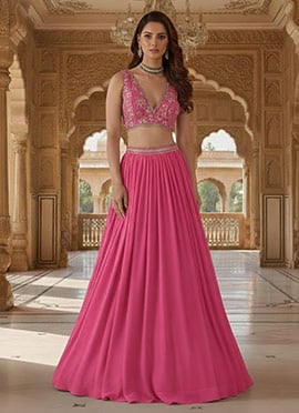 Pink Faux Georgette Zari Sequins Hand Embroidered Lehenga
