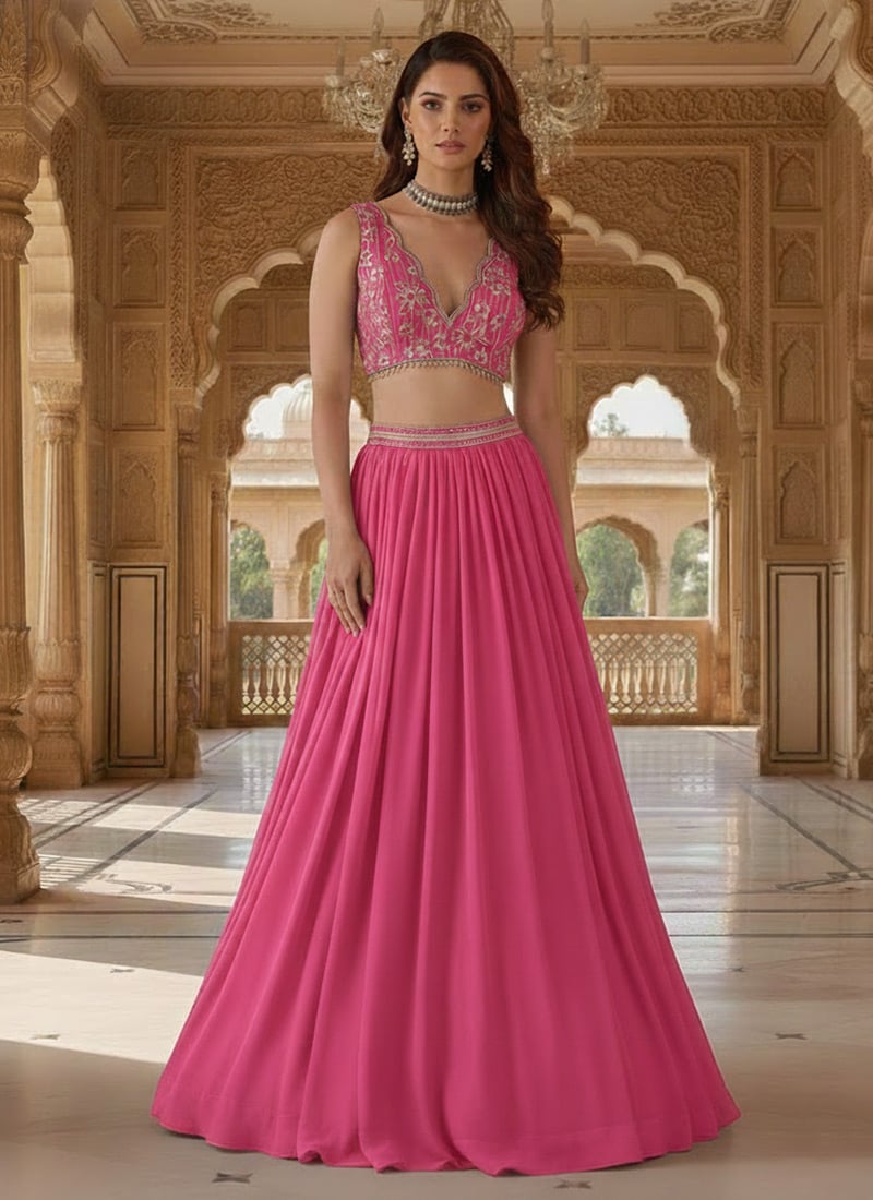 Pink Faux Georgette Zari Sequins Hand Embroidered Lehenga
