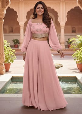Pink Faux Georgette Zari Sequins Indowestern Palazzo Set