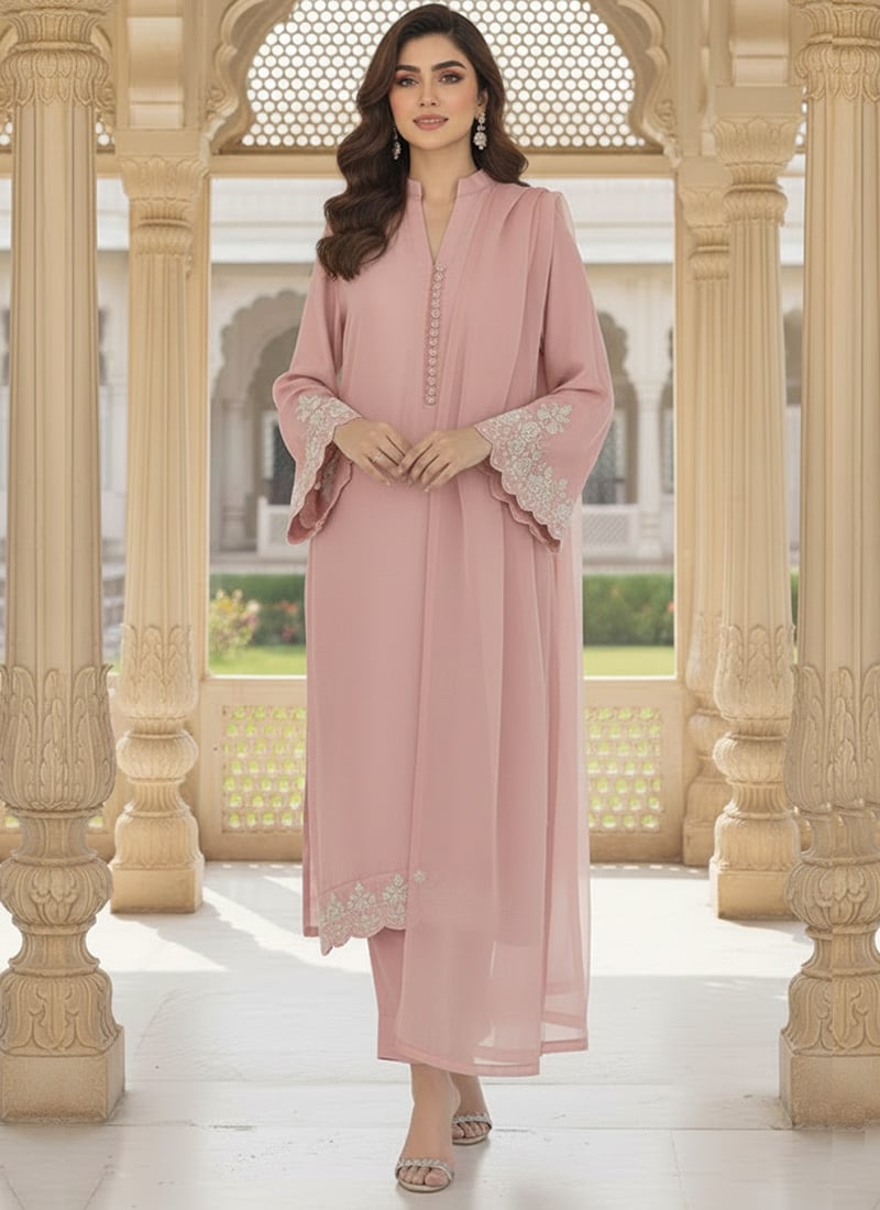 Pink Faux Georgette Zari Sequins Straight Pant Suit Festive Wear