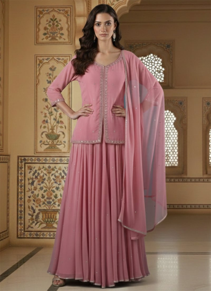 Pink Faux Georgette Zari Stone Work Long Choli Lehenga Festive Wear