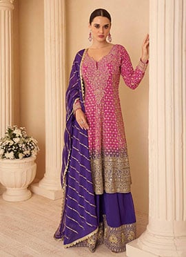 Pink Faux Georgette Zarkan Stone Embroidered Sequins A Line Palazzo Suit