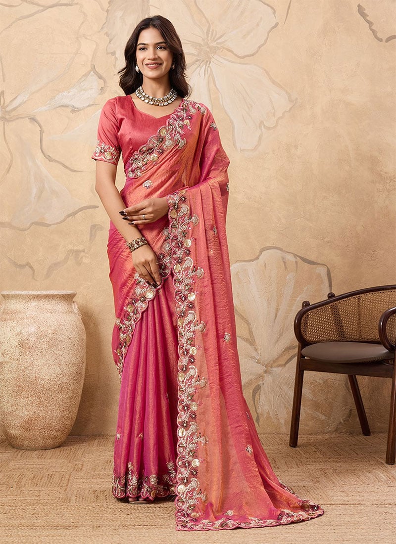 Pink Fendy Chiffon Sequins Embroidered Saree Festive Wear