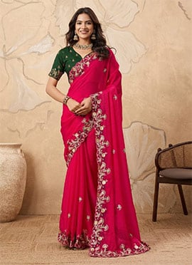Pink Fendy Chiffon Sequins Embroidered Saree