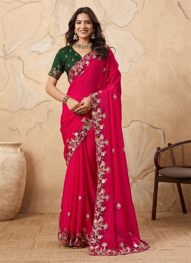 Pink Fendy Chiffon Sequins Embroidered Saree Festive Wear