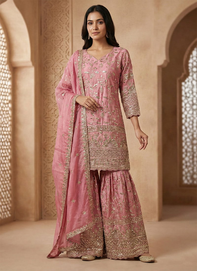 Pink Fendy Crush Silk Embroidered Sequins Sharara Suit Festive Wear