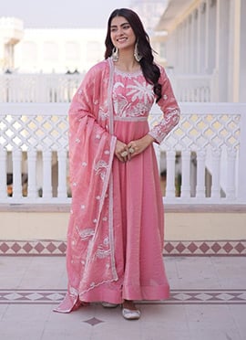 Pink Fendy Satin Embroidered Sequins Anarkali Gown