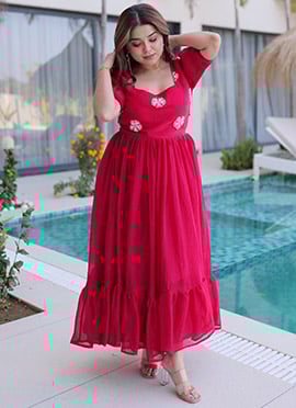 Pink Fendy Silk Embroidered Beaded Fit And Flare Dress