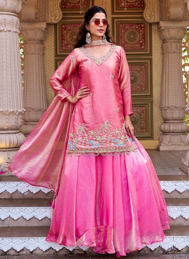 Pink Fendy Silk Embroidered Sequins Beads Long Choli Lehenga Festive Wear