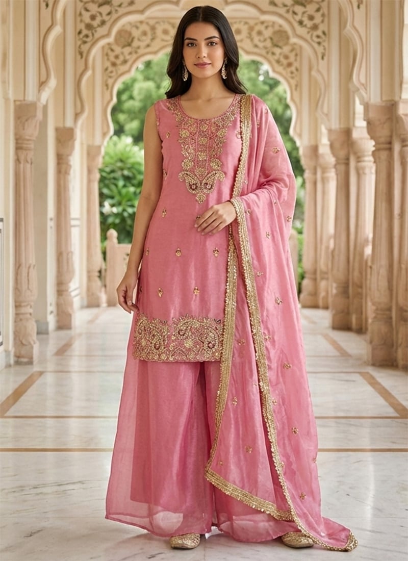Pink Fendy Silk Embroidered Sequins Palazzo Suit Festive Wear