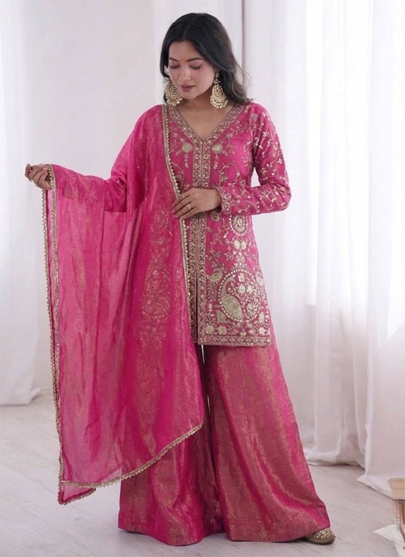 Pink Fendy Silk Embroidered Sequins Palazzo Suit Festive Wear
