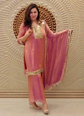 Pink Fendy Silk Mirror Work Palazzo Suit