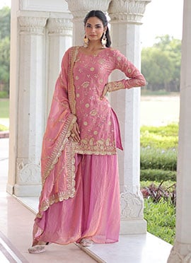 Pink Fendy Silk Zari Embroidered Sequins Palazzo Suit