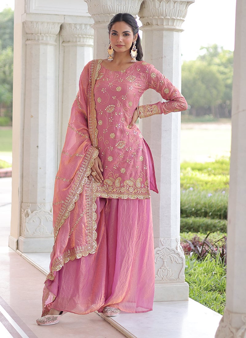 Pink Fendy Silk Zari Embroidered Sequins Palazzo Suit  Festive Wear