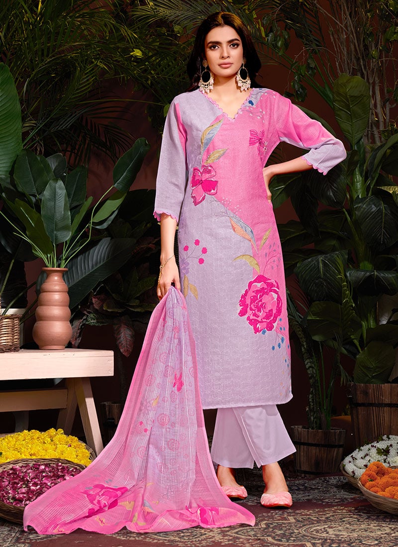 Pink Floral Digital Print Hand Work Schiffli Kurta Straight Pant Suit After Six Wear