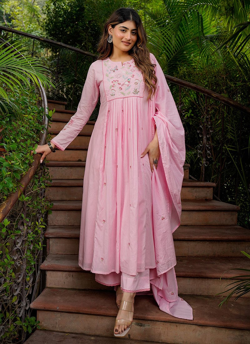 Pink Floral Embroidered Chanderi Silk Anarkali Suit Festive Wear