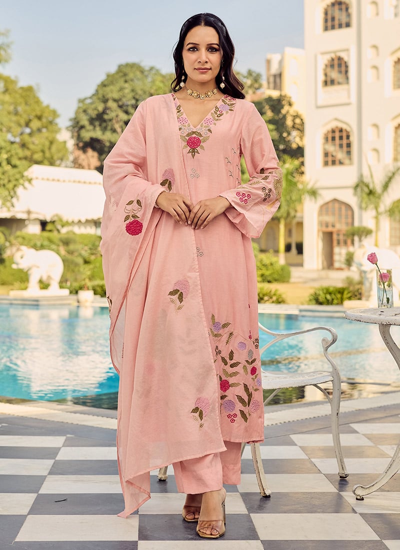 Pink Floral Embroidered Chanderi Silk Straight Pant Suit Festive Wear