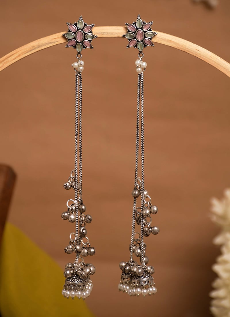 Pink Floral Ghungroo Chain Dangler Earrings Festive Wear