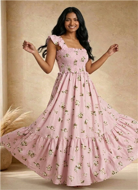 Pink Floral Printed Cotton Smocked Maxi Dress
