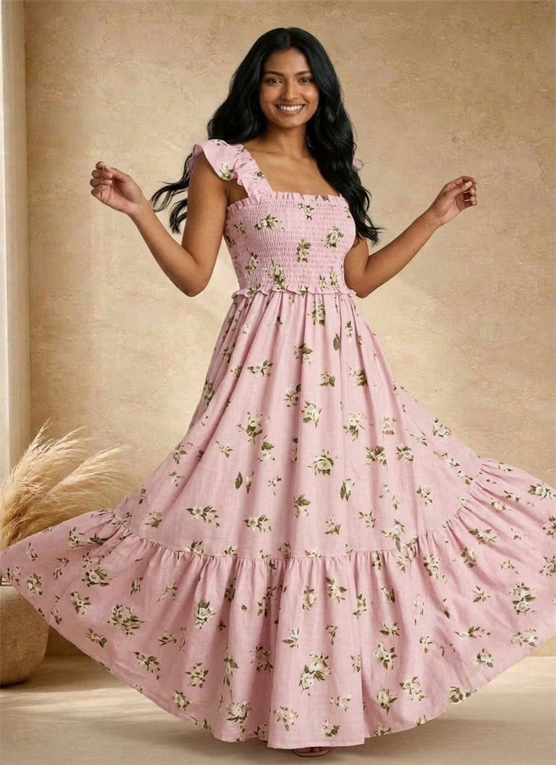 Pink Floral Printed Cotton Smocked Maxi Dress After Six Wear
