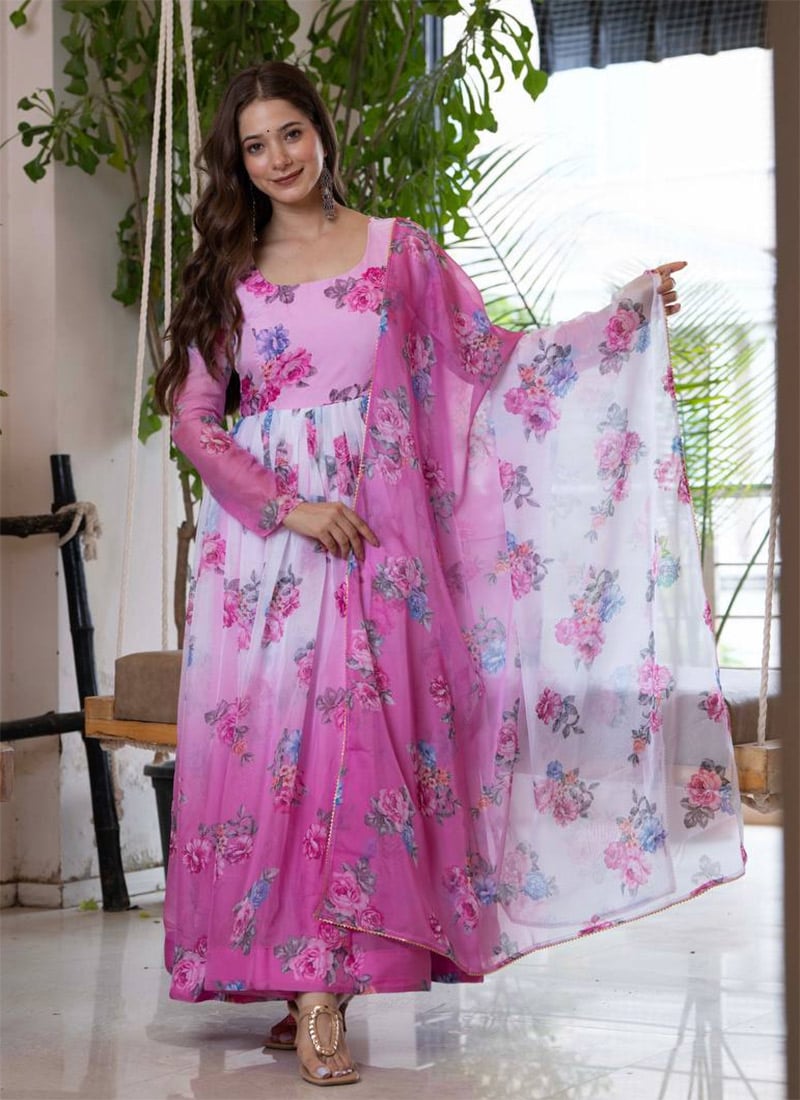 Pink Floral Printed Organza Anarkali Suit After Six Wear