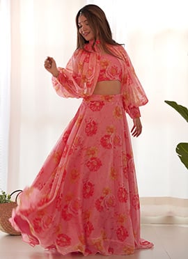 Pink Floral Printed Organza Silk Skirt Set