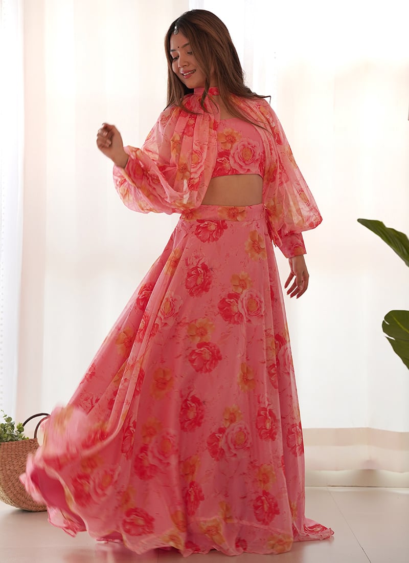 Pink Floral Printed Organza Silk Skirt Set After Six Wear