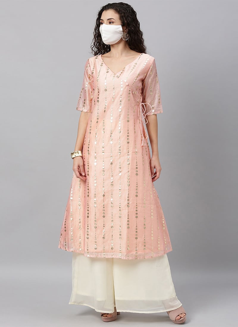 Pink Foil Calf Length Kurta Set